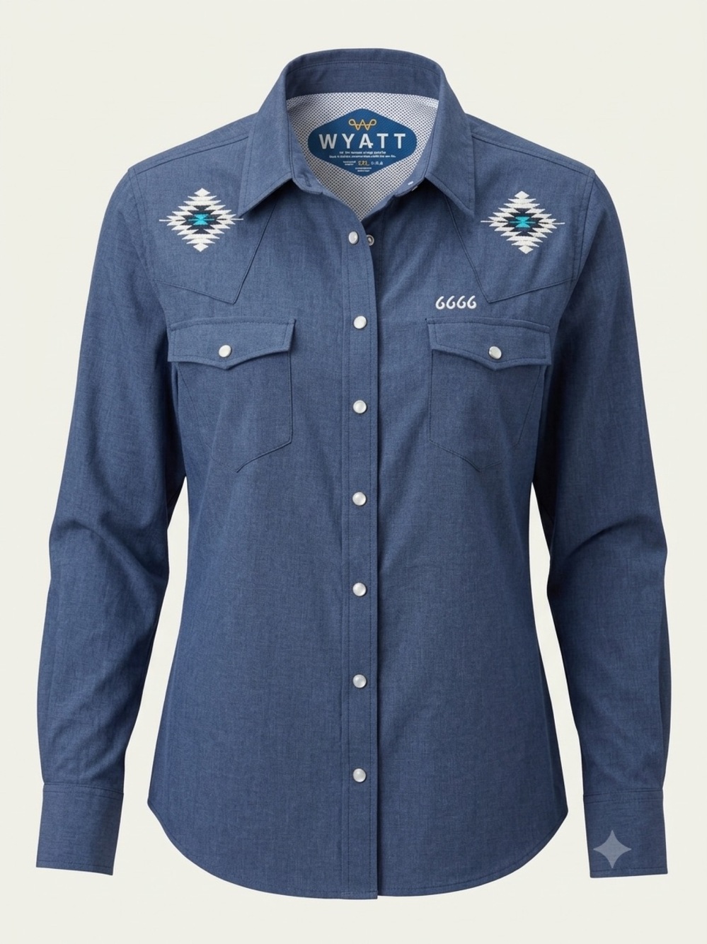 Wyatt 6666 Ranch Womens XXL Blue Southwestern Pearl Snap Western Shirt UPF 50+